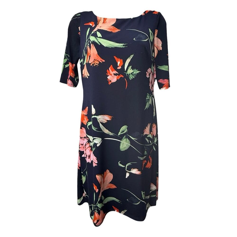 Eliza J Dress Size 2 Navy Blue Floral Shift Sheath Elbow Sleeve Career Wedding
